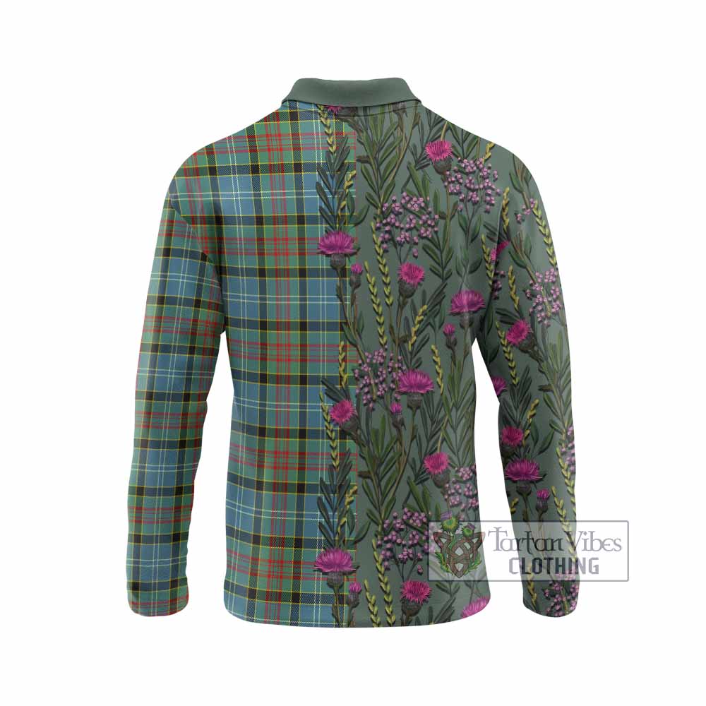 Cathcart Family Crest Tartan Long Sleeve Polo Shirt Scottish Thistle Flower Pattern Half Style - Tartan Vibes Clothing