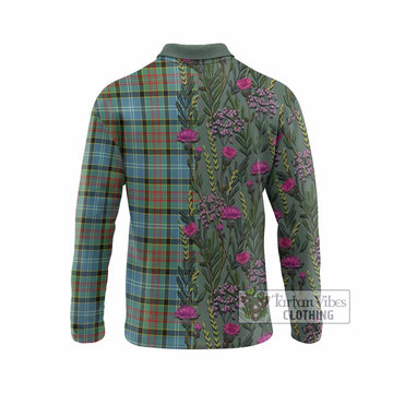 Cathcart Family Crest Tartan Long Sleeve Polo Shirt Scottish Thistle Flower Pattern Half Style