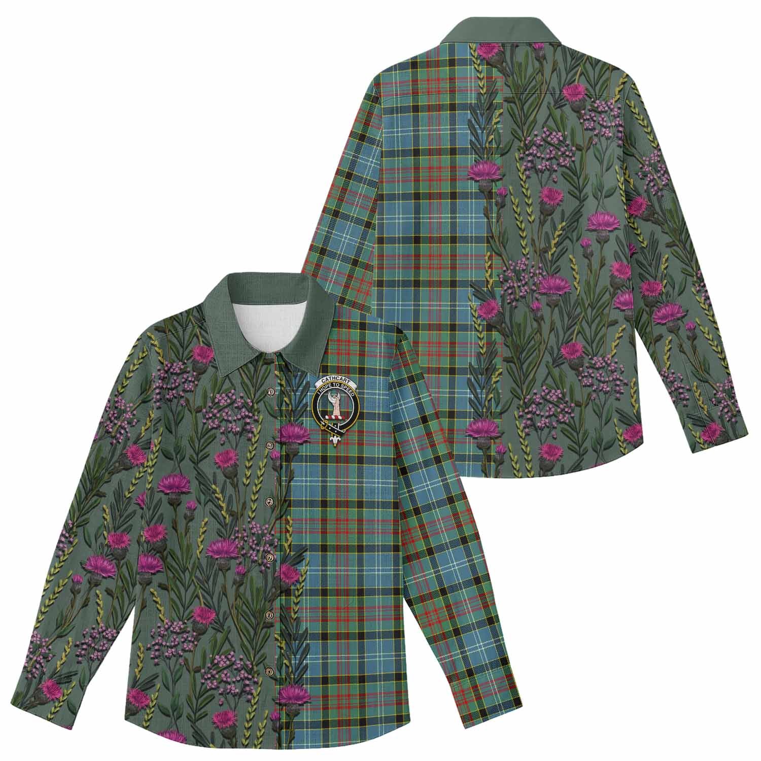 Cathcart Family Crest Tartan Women Casual Shirt Scottish Thistle Flower Pattern Half Style - Tartan Vibes Clothing