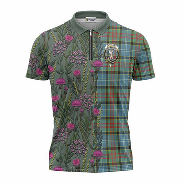 Cathcart Family Crest Tartan Zipper Polo Shirt Scottish Thistle Flower Pattern Half Style - Tartan Vibes Clothing