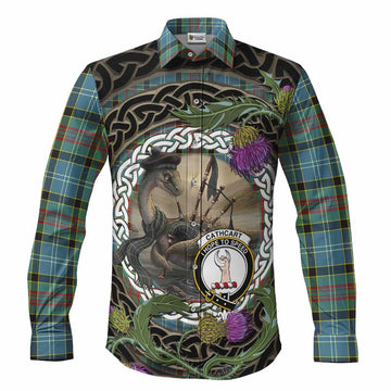 Cathcart Tartan Crest Bagpipe Nessie Long Sleeve Button Shirts Scottish Loch Ness Monster Celtic Thistle