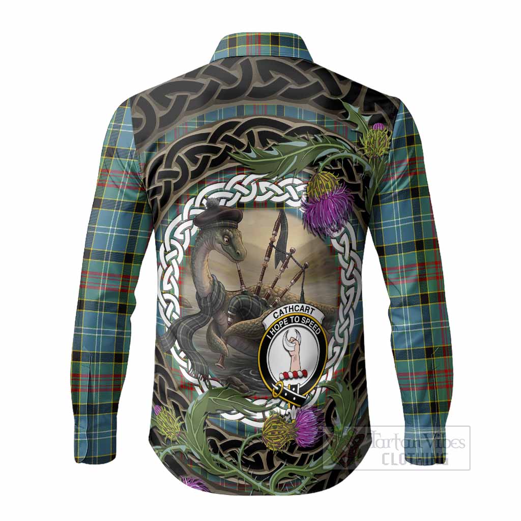 Cathcart Tartan Crest Bagpipe Nessie Long Sleeve Button Shirts Scottish Loch Ness Monster Celtic Thistle