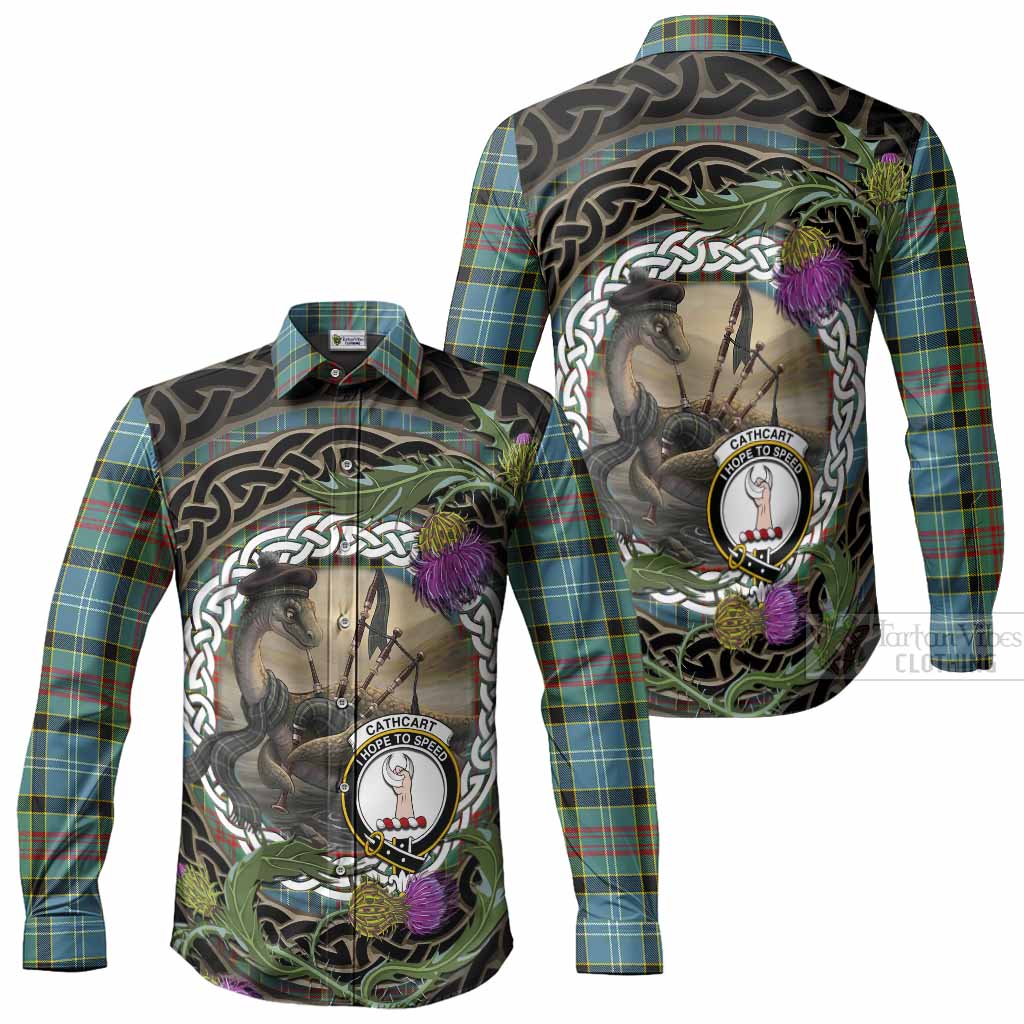 Cathcart Tartan Crest Bagpipe Nessie Long Sleeve Button Shirts Scottish Loch Ness Monster Celtic Thistle