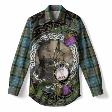 Cathcart Tartan Crest Bagpipe Nessie Women Casual Shirt Scottish Loch Ness Monster Celtic Thistle