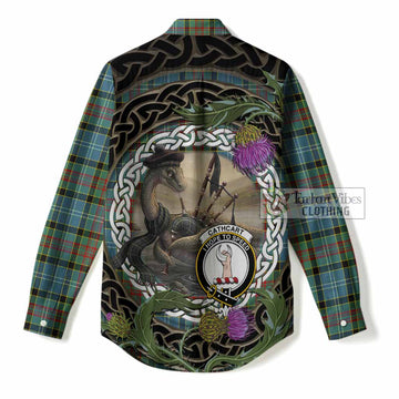 Cathcart Tartan Crest Bagpipe Nessie Women Casual Shirt Scottish Loch Ness Monster Celtic Thistle