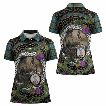 Cathcart Tartan Crest Bagpipe Nessie Women Polo Shirt Scottish Loch Ness Monster Celtic Thistle