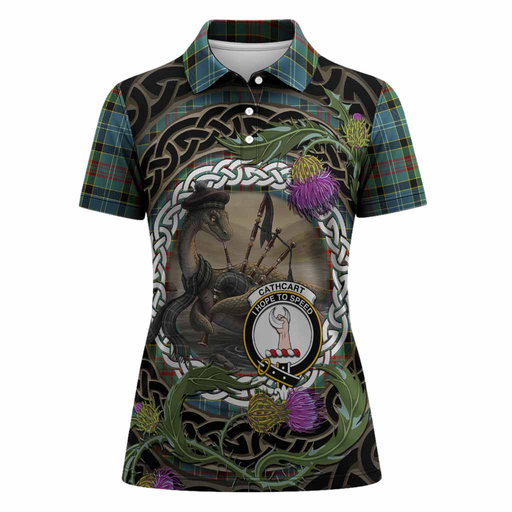 Cathcart Tartan Crest Bagpipe Nessie Women Polo Shirt Scottish Loch Ness Monster Celtic Thistle