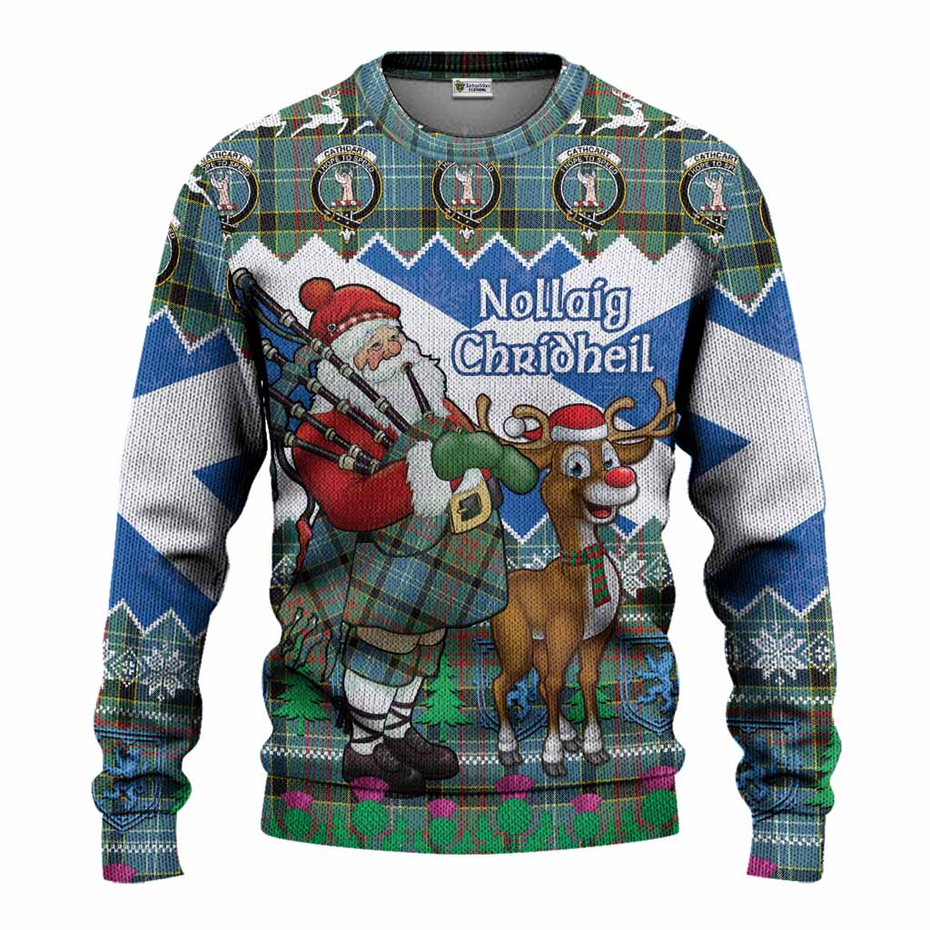 Cathcart Tartan Crest Christmas Christmas Ugly Sweater Scotland Santa With Bagpipes Cute Reindeer