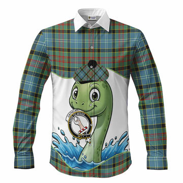 Cathcart Tartan Crest Cute Nessie Long Sleeve Button Shirts Scottish Loch Ness Monster