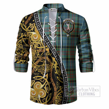 Cathcart Tartan Crest Ghillie Shirt Celtic Knot and Triple Trickle Spiral Symbols