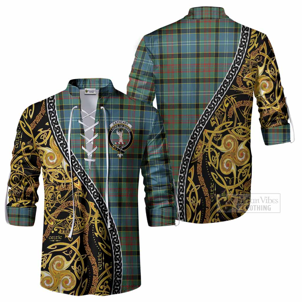 Cathcart Tartan Crest Ghillie Shirt Celtic Knot and Triple Trickle Spiral Symbols