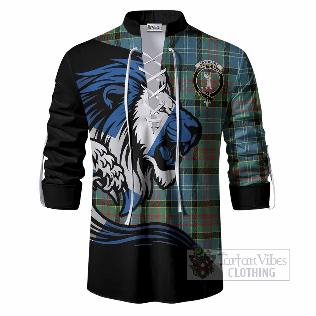 Cathcart Tartan Crest Ghillie Shirt Scottish Golden Lions Wave Flow