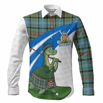 Cathcart Tartan Crest Golf Nessie Long Sleeve Button Shirts Loch Ness Monster Sporty Style