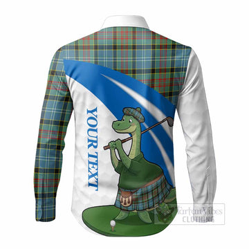 Cathcart Tartan Crest Golf Nessie Long Sleeve Button Shirts Loch Ness Monster Sporty Style
