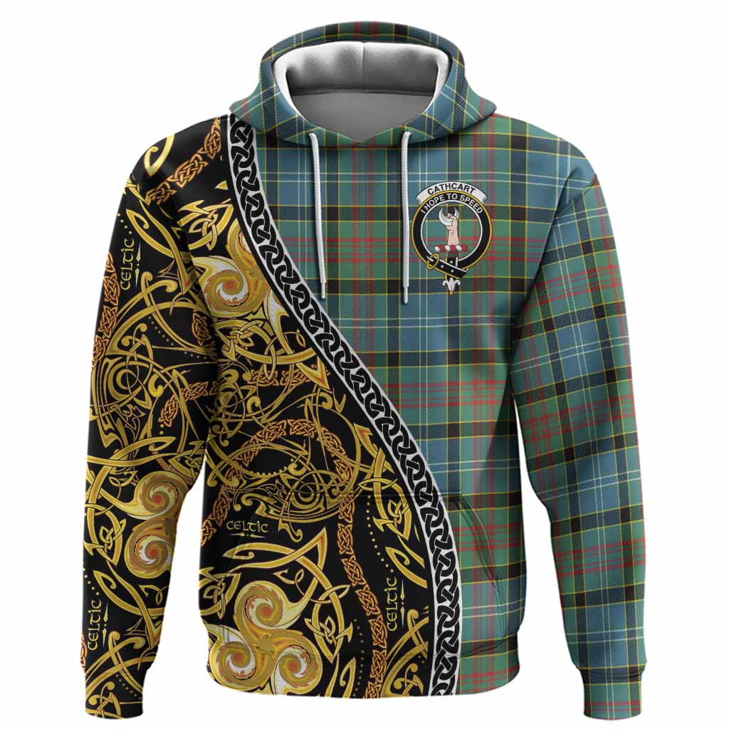 Cathcart Tartan Crest Hoodie Celtic Knot and Triple Trickle Spiral Symbols