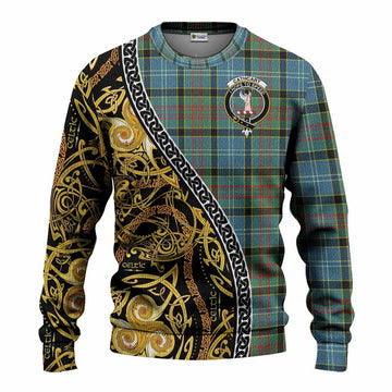 Cathcart Tartan Crest Knitted Sweater Celtic Knot and Triple Trickle Spiral Symbols