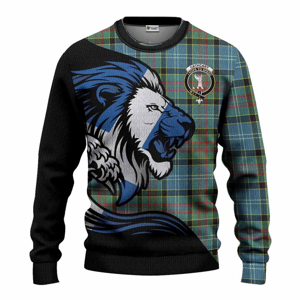 Cathcart Tartan Crest Knitted Sweater Scottish Golden Lions Wave Flow