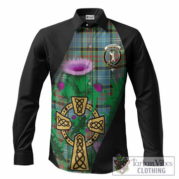 Cathcart Tartan Crest Long Sleeve Button Shirts Celtic Cross Thistle Flowers