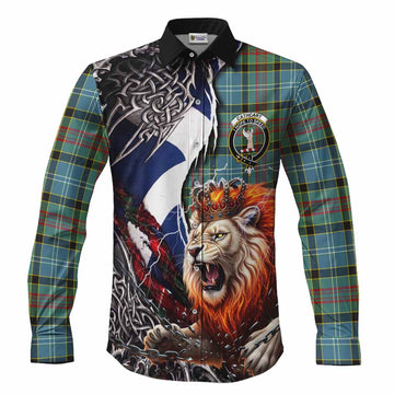 Cathcart Tartan Crest Long Sleeve Button Shirts Heritage Flag Grunge Celtic Knot and Lion Rampant