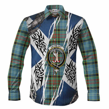 Cathcart Tartan Crest Long Sleeve Button Shirts Scotland Flag Ripped Tribal Design