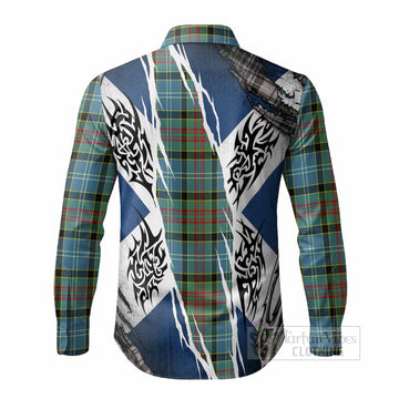 Cathcart Tartan Crest Long Sleeve Button Shirts Scotland Flag Ripped Tribal Design