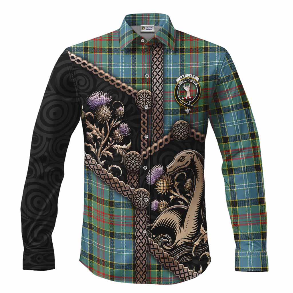 Cathcart Tartan Crest Long Sleeve Button Shirts Scottish Thistle Loch Ness Monster