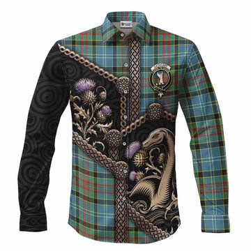 Cathcart Tartan Crest Long Sleeve Button Shirts Scottish Thistle Loch Ness Monster