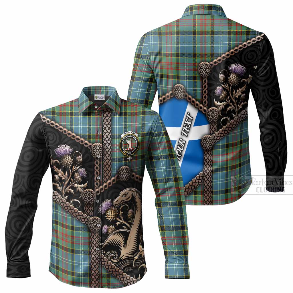 Cathcart Tartan Crest Long Sleeve Button Shirts Scottish Thistle Loch Ness Monster