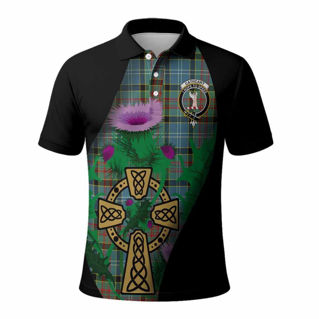 Cathcart Tartan Crest Polo Shirt Celtic Cross Thistle Flowers