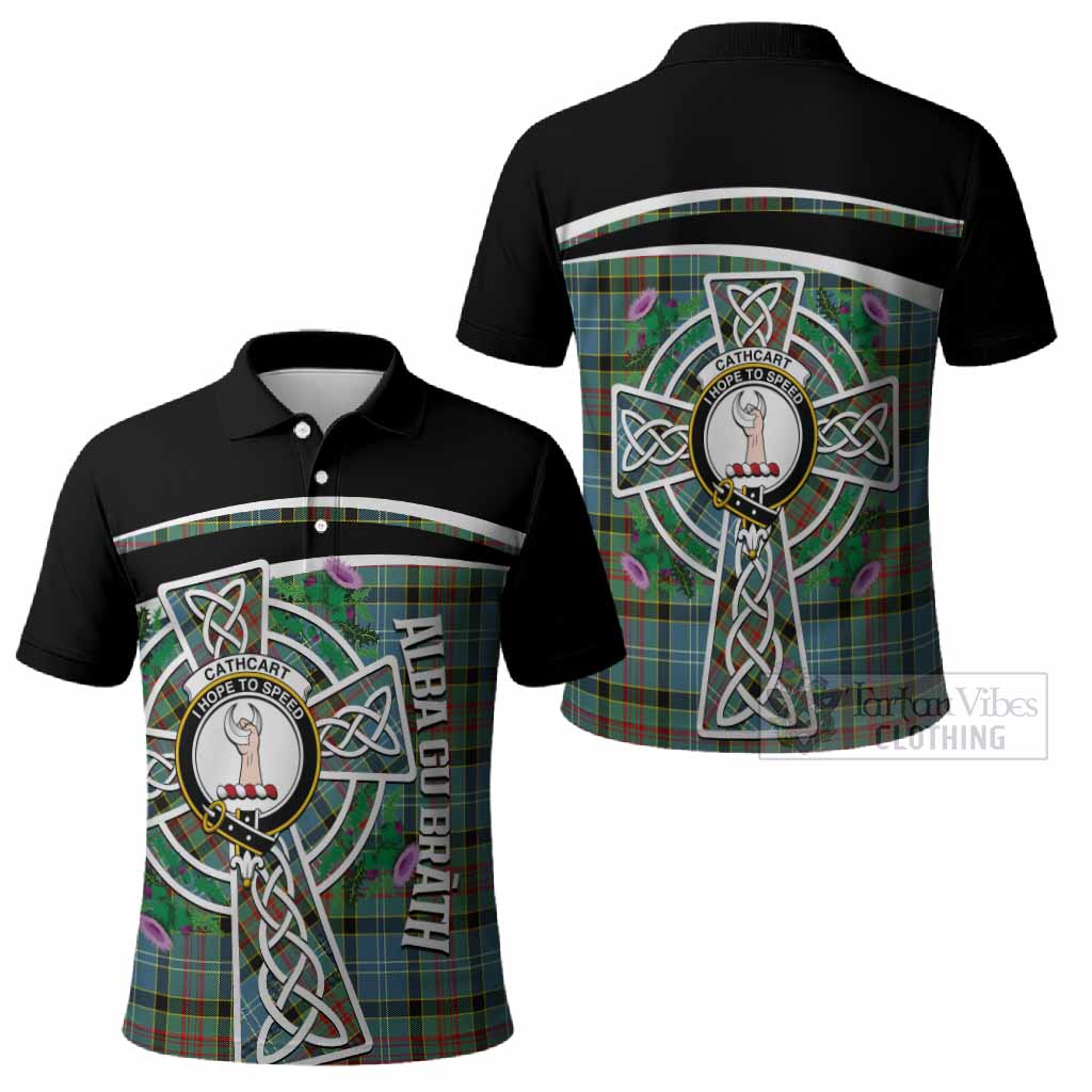Cathcart Tartan Crest Polo Shirt Scottish Thistle Celtic Cross Alba Gu Brath