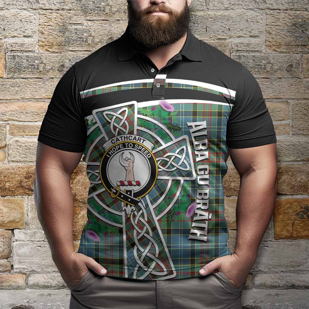 Cathcart Tartan Crest Polo Shirt Scottish Thistle Celtic Cross Alba Gu Brath