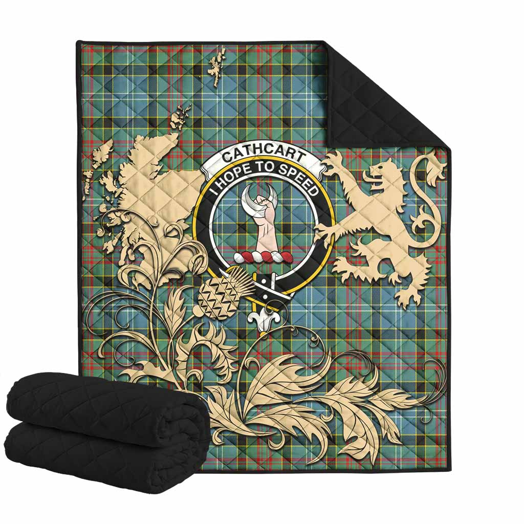 Cathcart Tartan Crest Premium Quilt with Scottish Iconic Symbols 