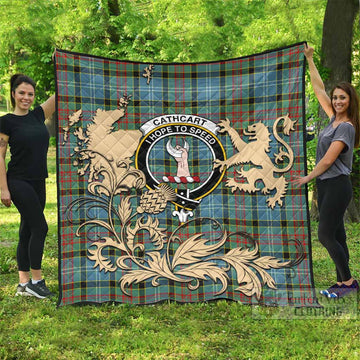 Cathcart Tartan Crest Premium Quilt with Scottish Iconic Symbols 