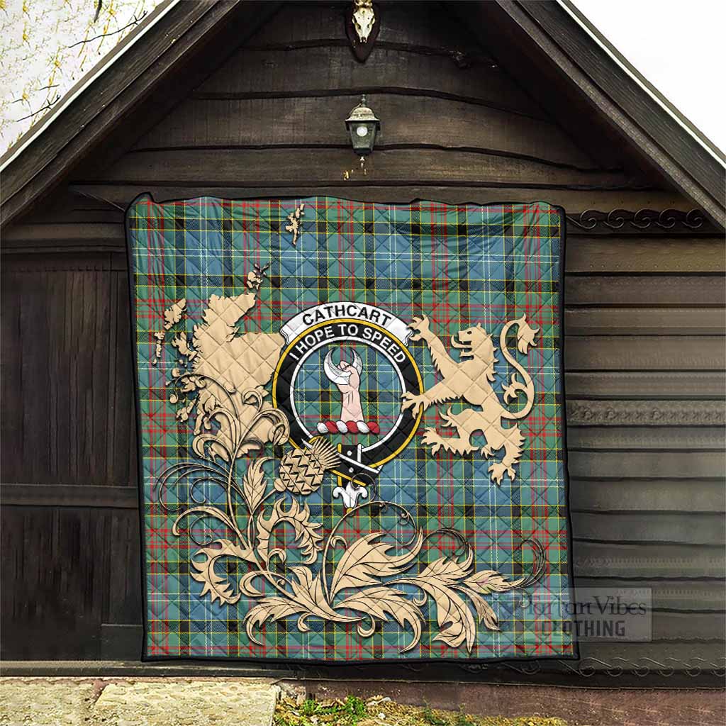 Cathcart Tartan Crest Premium Quilt with Scottish Iconic Symbols 