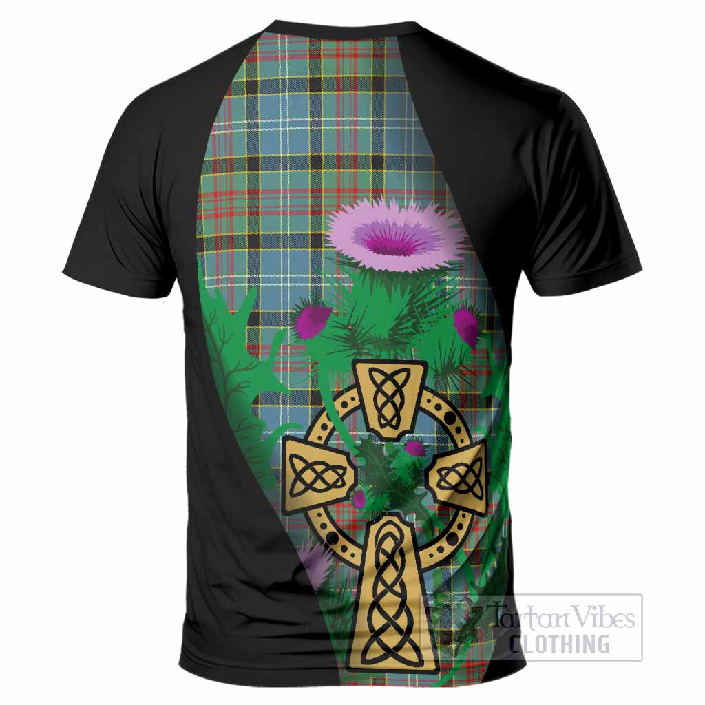 Cathcart Tartan Crest T-Shirt Celtic Cross Thistle Flowers