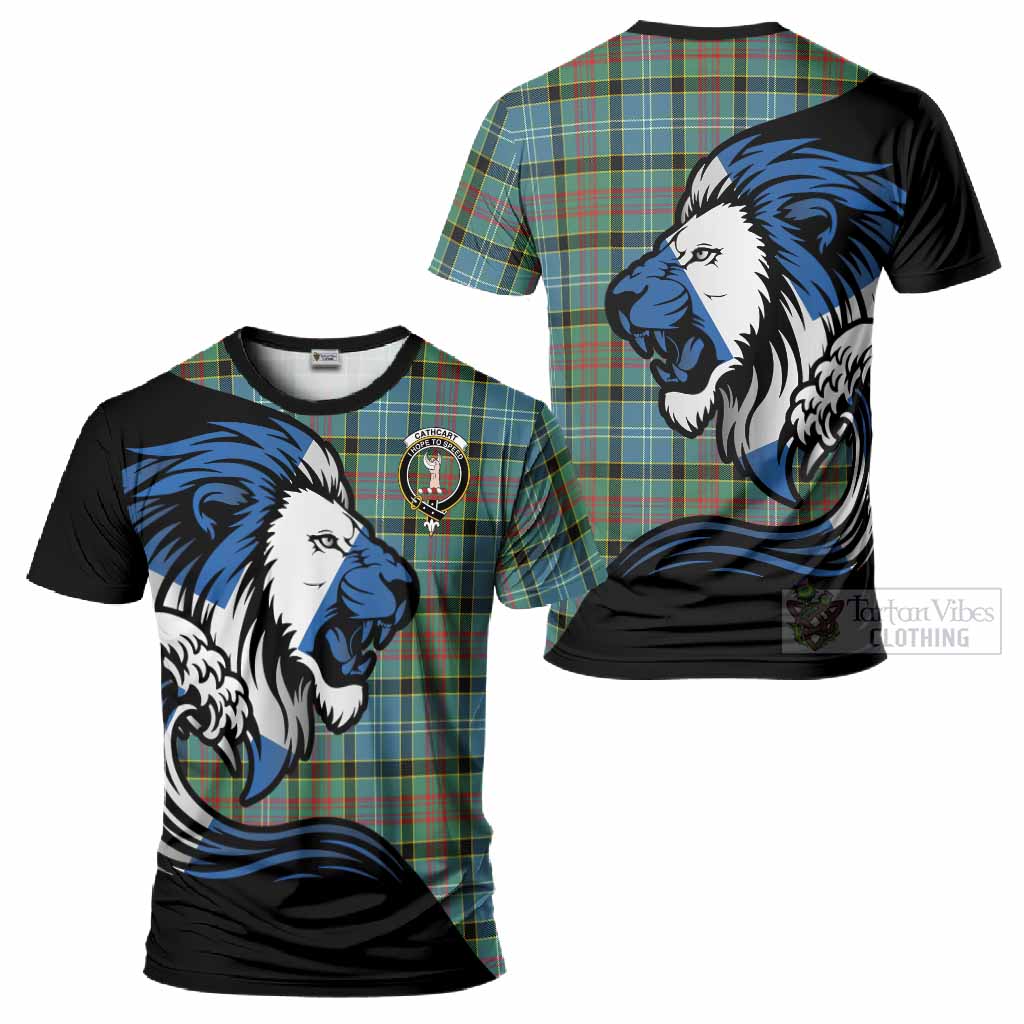 Cathcart Tartan Crest T-Shirt Scottish Golden Lions Wave Flow