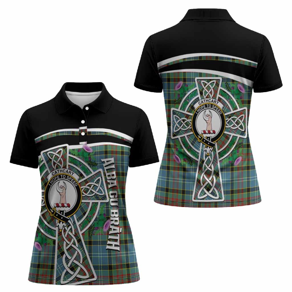 Cathcart Tartan Crest Women Polo Shirt Scottish Thistle Celtic Cross Alba Gu Brath