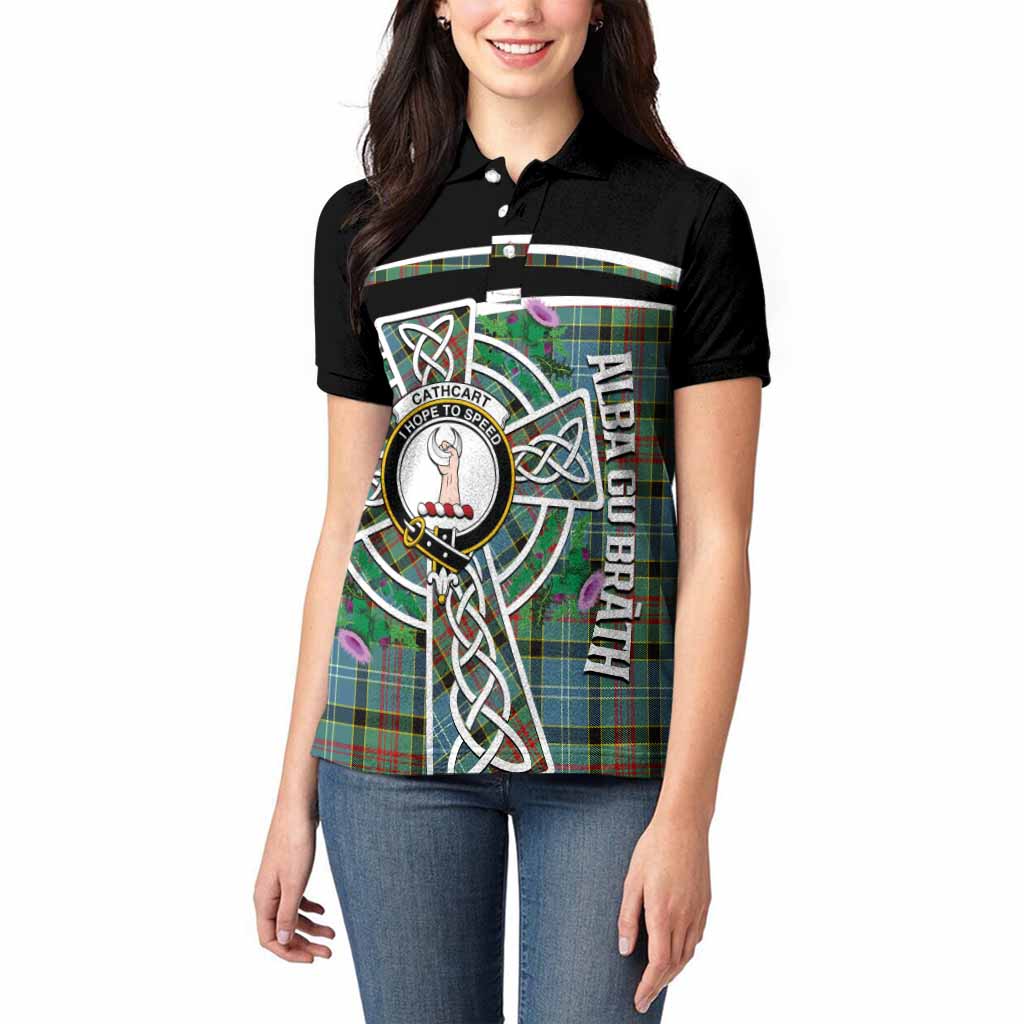 Cathcart Tartan Crest Women Polo Shirt Scottish Thistle Celtic Cross Alba Gu Brath