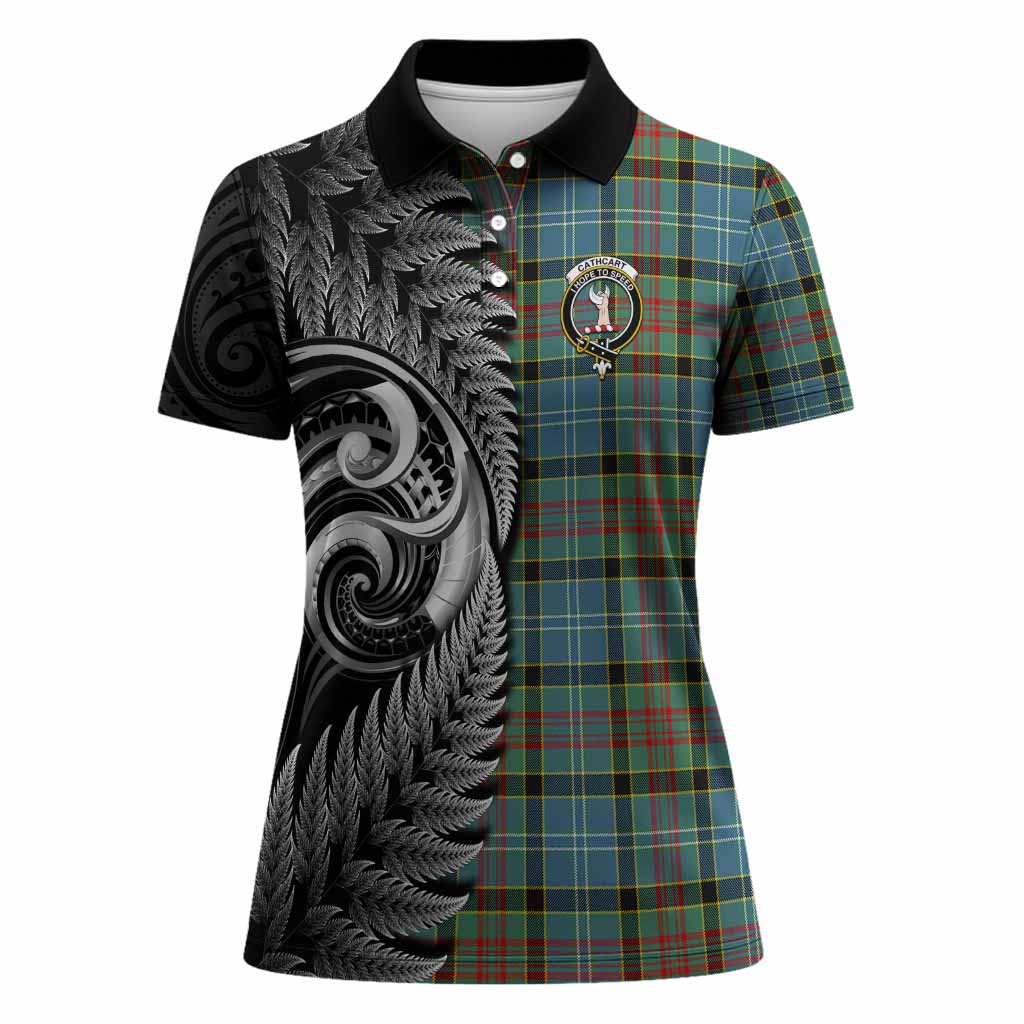 Cathcart Tartan Crest Women Polo Shirt With New Zealand Silver Fern Maori Koru