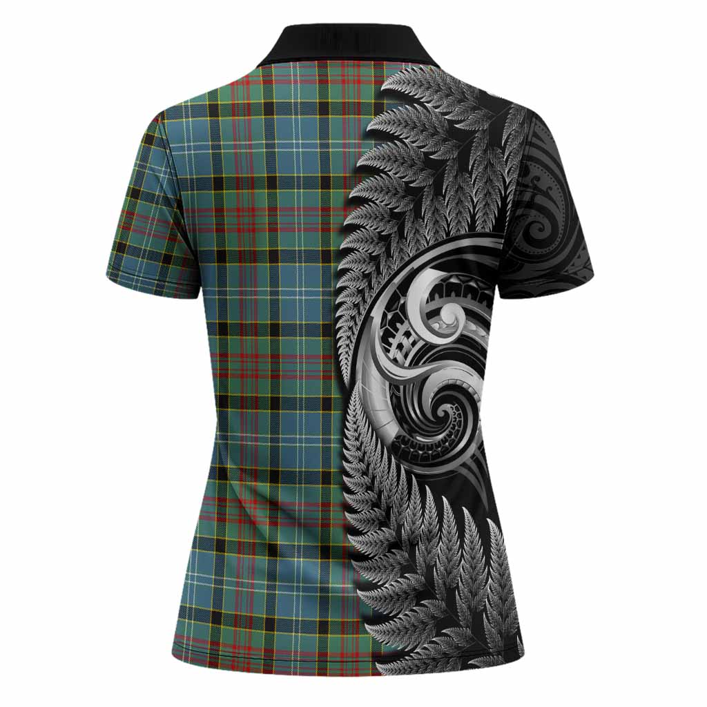 Cathcart Tartan Crest Women Polo Shirt With New Zealand Silver Fern Maori Koru