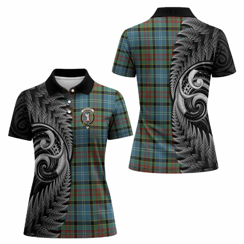 Cathcart Tartan Crest Women Polo Shirt With New Zealand Silver Fern Maori Koru