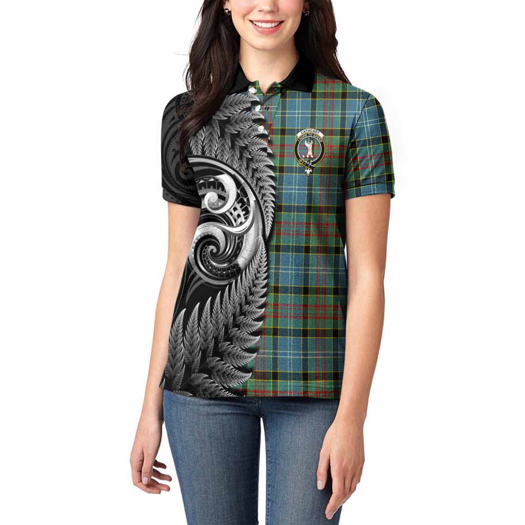 Cathcart Tartan Crest Women Polo Shirt With New Zealand Silver Fern Maori Koru