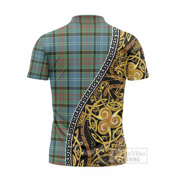 Cathcart Tartan Crest Zipper Polo Shirt Celtic Knot and Triple Trickle Spiral Symbols