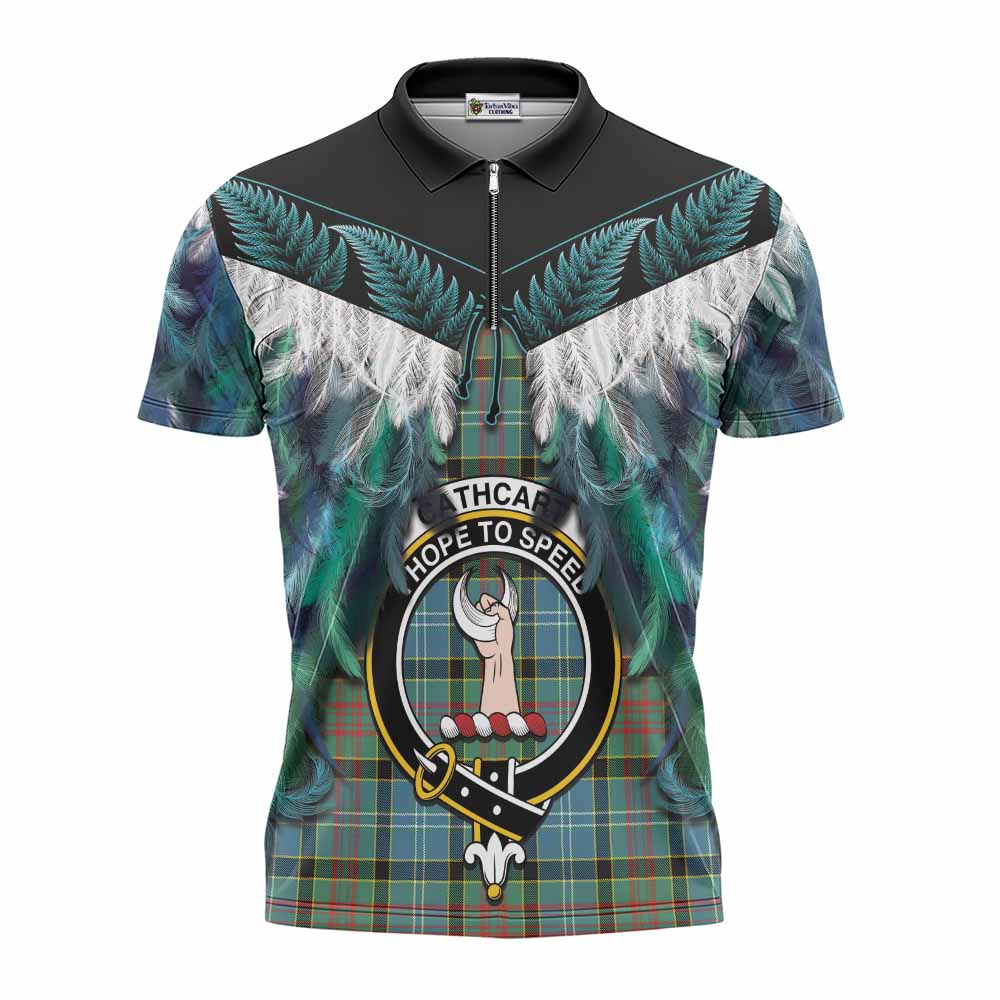 Cathcart Tartan Crest Zipper Polo Shirt New Zealand Maori Korowai Cloak