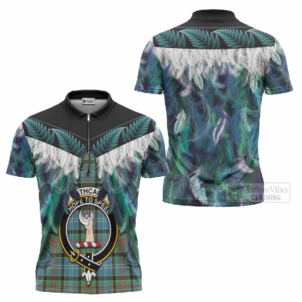 Cathcart Tartan Crest Zipper Polo Shirt New Zealand Maori Korowai Cloak