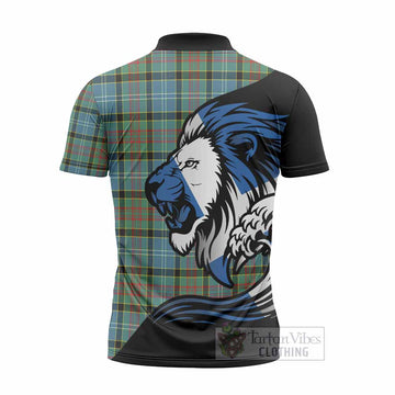 Cathcart Tartan Crest Zipper Polo Shirt Scottish Golden Lions Wave Flow
