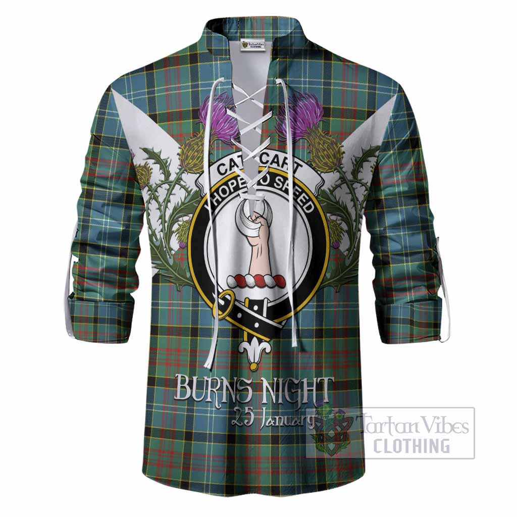 Cathcart Tartan Family Crest Ghillie Shirt Scottish Burns Night Thistle Floral