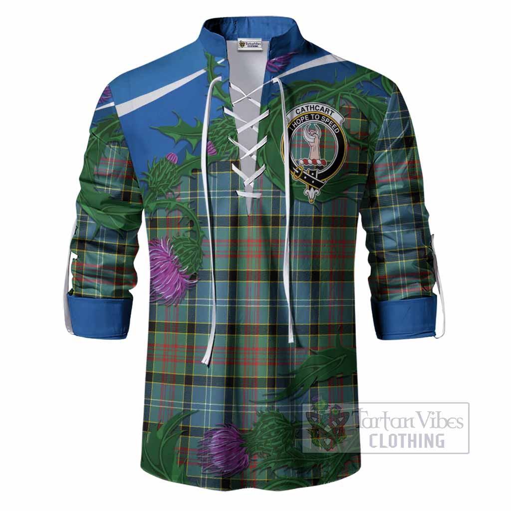 Cathcart Tartan Family Crest Ghillie Shirt Thistle in Minimalism