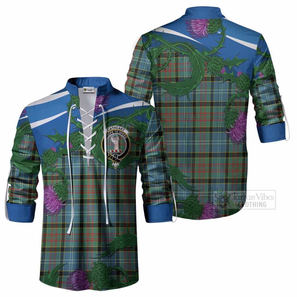 Cathcart Tartan Family Crest Ghillie Shirt Thistle in Minimalism