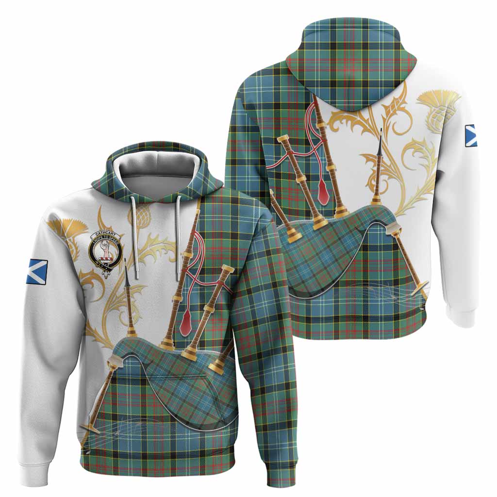 Cathcart Tartan Family Crest Hoodie Bagpipes with Scottish Thistle